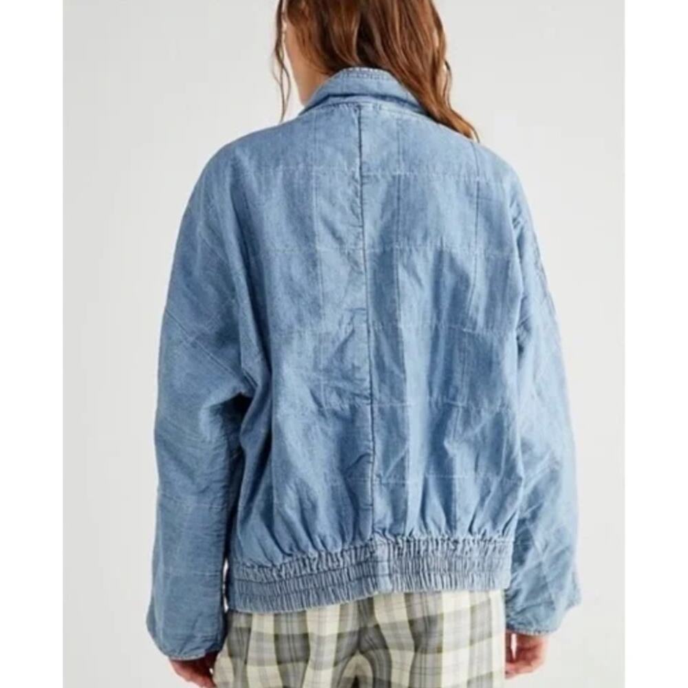 Free People Dolman Quilted Knit Jacket Oversized Coat sz S Denim Chambray Cotton - Picture 15 of 16